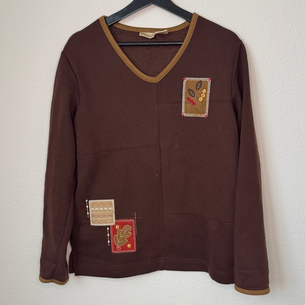 Bobbie Brooks Woodland Brown Patchwork V Neck Pullover Sweatshirt,‎ small